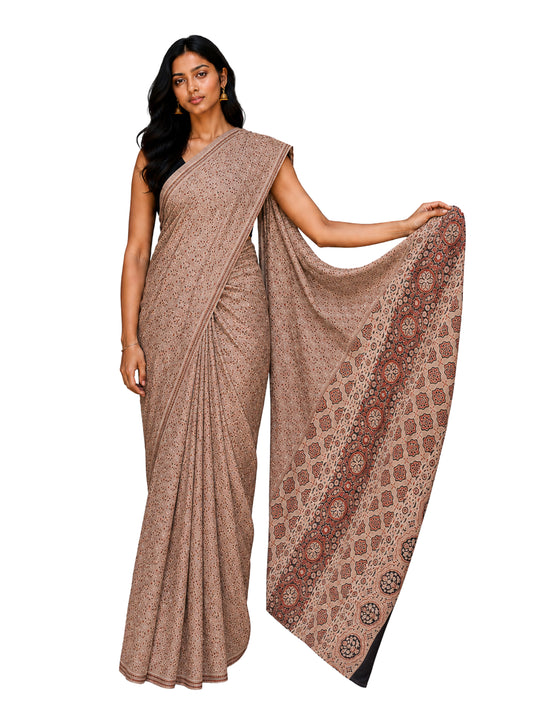 Ajrakh Mul Cotton Natural Dye Hand Block Print Saree  with Ajrakh Blouse Piece  - 5.5 Mtr Length + 0.85 Mtr Blouse Piece    -  SKU : ID14C02U
