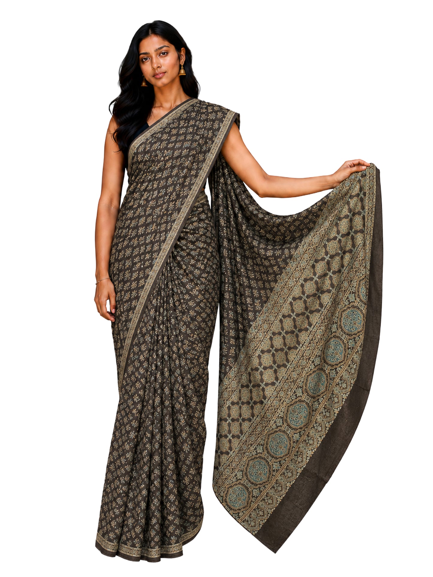 Ajrakh Mul Cotton Natural Dye Hand Block Print Saree  with Ajrakh Blouse Piece  - 5.5 Mtr Length + 0.85 Mtr Blouse Piece    -  SKU : ID14C02K