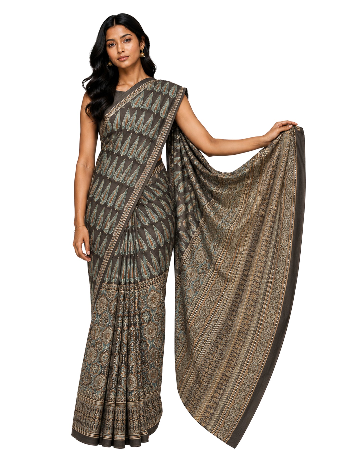 Ajrakh Mul Cotton Natural Dye Hand Block Print Saree  with Ajrakh Blouse Piece  - 5.5 Mtr Length + 0.85 Mtr Blouse Piece    -  SKU : ID14C02Q