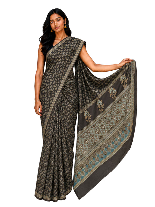 Ajrakh Mul Cotton Natural Dye Hand Block Print Saree  with Ajrakh Blouse Piece  - 5.5 Mtr Length + 0.85 Mtr Blouse Piece    -  SKU : ID14C02W