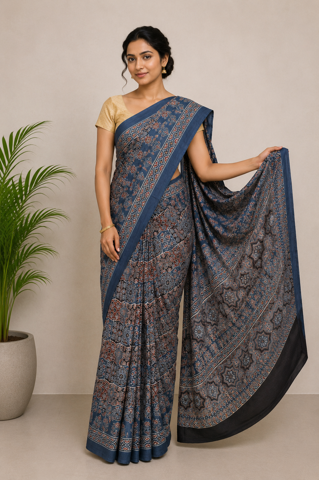 Ajrakh Mul Cotton Natural Dye Hand Block Print Saree  with Ajrakh Blouse Piece  - 5.5 Mtr Length + 0.85 Mtr Blouse Piece    -  SKU : ID14C02L