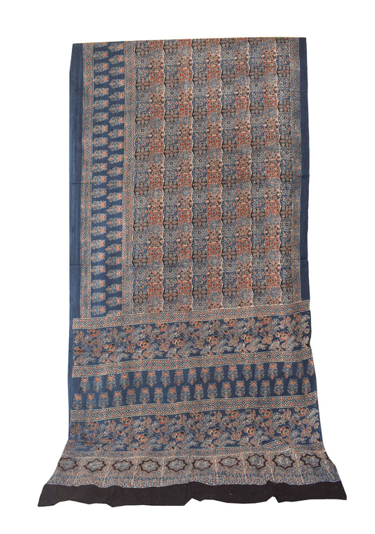 Ajrakh Mul Cotton Natural Dye Hand Block Print Saree  with Ajrakh Blouse Piece  - 6 Mtr Length    -  SKU : ID14C02L