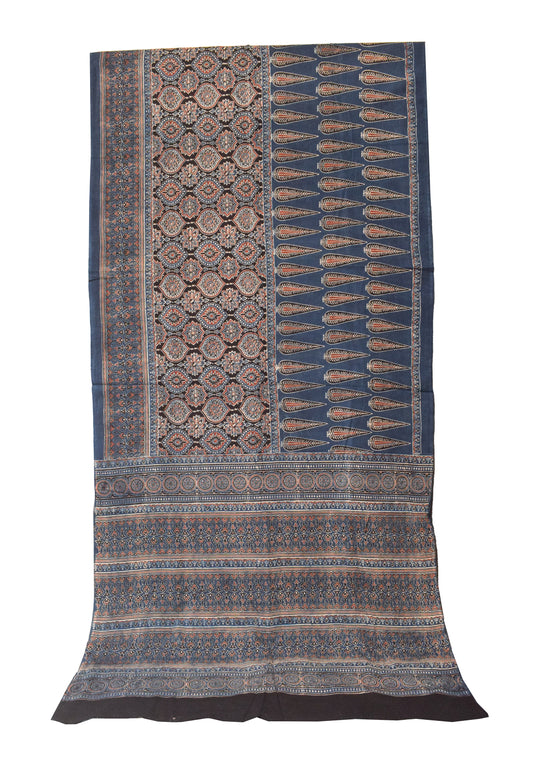 Ajrakh Mul Cotton Natural Dye Hand Block Print Saree  with Ajrakh Blouse Piece  - 6 Mtr Length    -  SKU : ID14C02X