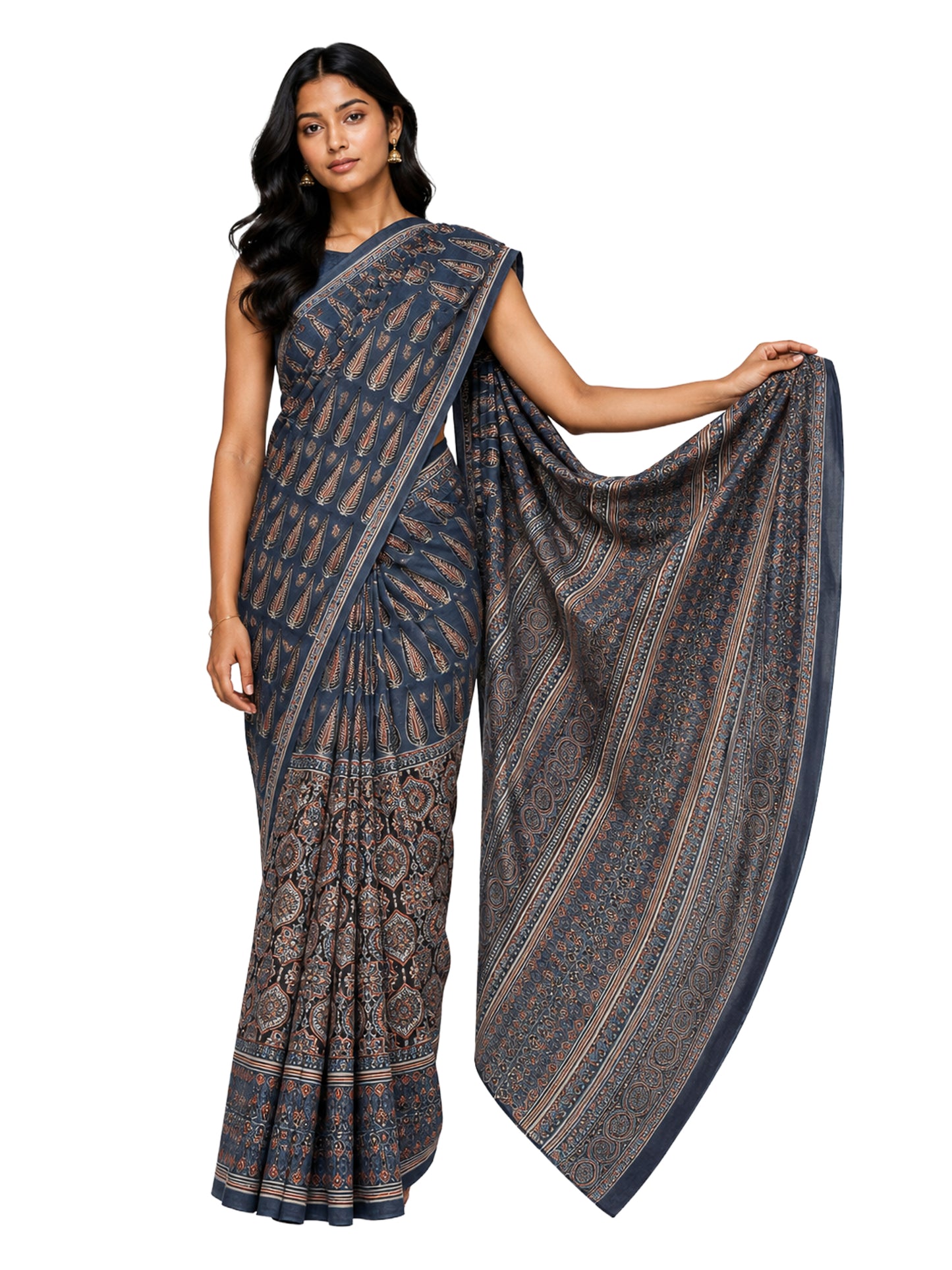 Ajrakh Mul Cotton Natural Dye Hand Block Print Saree  with Ajrakh Blouse Piece  - 5.5 Mtr Length + 0.85 Mtr Blouse Piece    -  SKU : ID14C02X