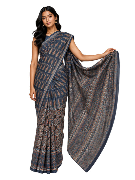 Ajrakh Mul Cotton Natural Dye Hand Block Print Saree  with Ajrakh Blouse Piece  - 5.5 Mtr Length + 0.85 Mtr Blouse Piece    -  SKU : ID14C02X