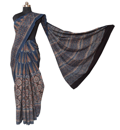 Ajrakh Mul Cotton Natural Dye Hand Block Print Saree  with Ajrakh Blouse Piece  - 6 Mtr Length    -  SKU : ID14C02X