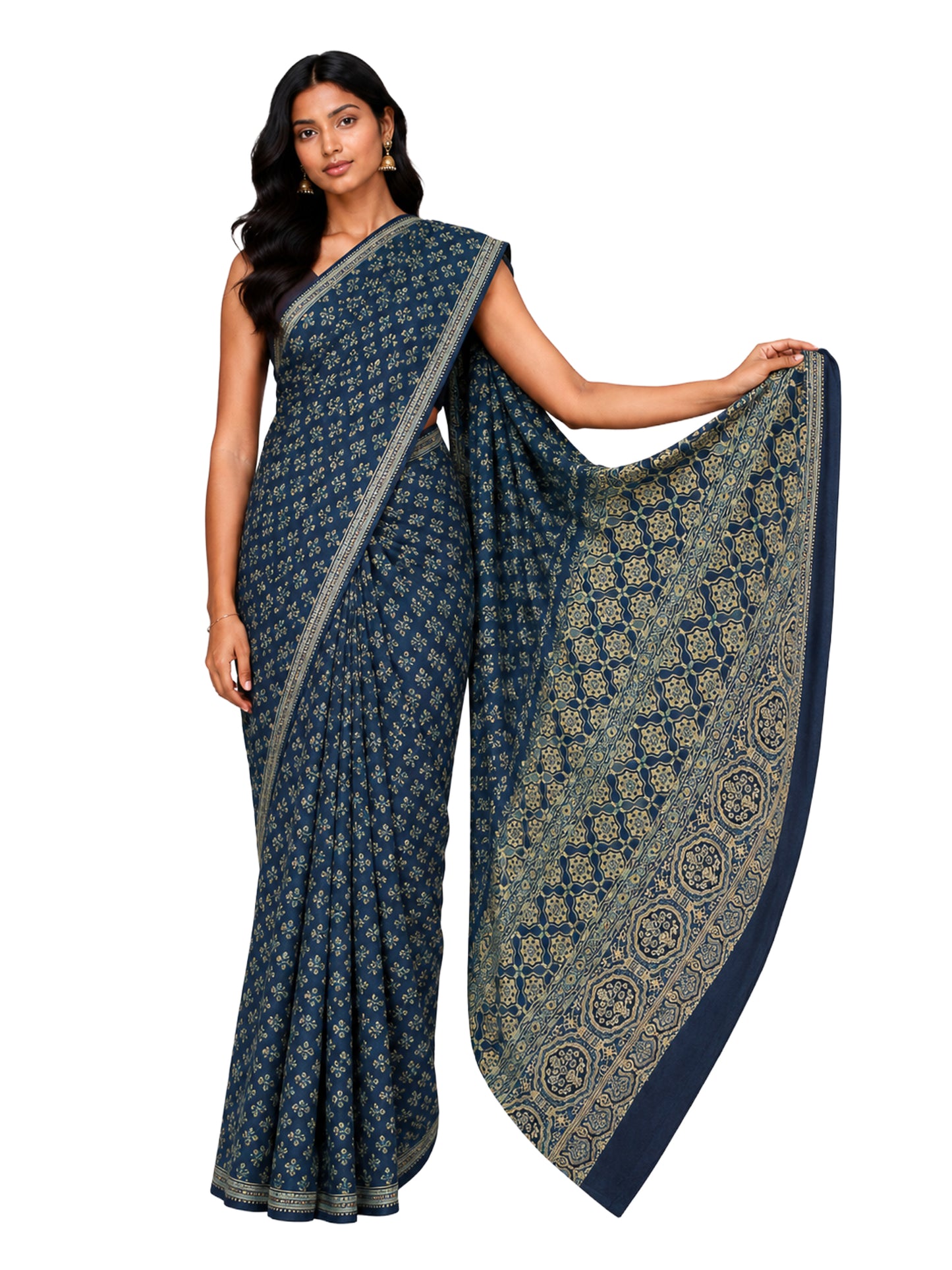 Ajrakh Mul Cotton Natural Dye Hand Block Print Saree  with Ajrakh Blouse Piece  - 5.5 Mtr Length + 0.85 Mtr Blouse Piece    -  SKU : ID14C02P