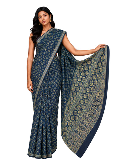 Ajrakh Mul Cotton Natural Dye Hand Block Print Saree  with Ajrakh Blouse Piece  - 5.5 Mtr Length + 0.85 Mtr Blouse Piece    -  SKU : ID14C02P