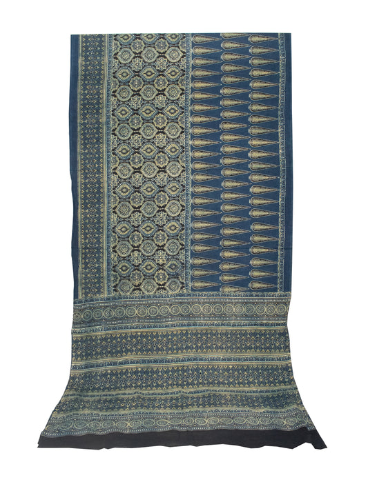 Ajrakh Mul Cotton Natural Dye Hand Block Print Saree  with Ajrakh Blouse Piece  - 6 Mtr Length    -  SKU : ID14C02V