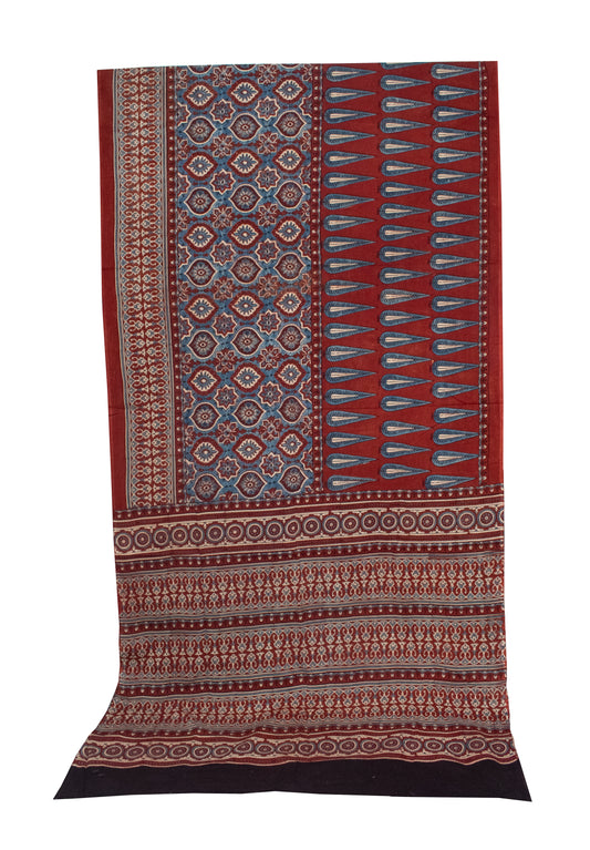 Ajrakh Mul Cotton Natural Dye Hand Block Print Saree  with Ajrakh Blouse Piece  - 6 Mtr Length    -  SKU : ID14C02B