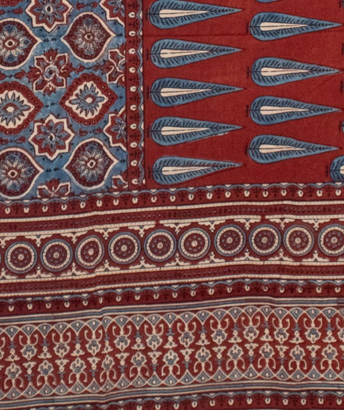 Ajrakh Mul Cotton Natural Dye Hand Block Print Saree  with Ajrakh Blouse Piece  - 6 Mtr Length    -  SKU : ID14C02B