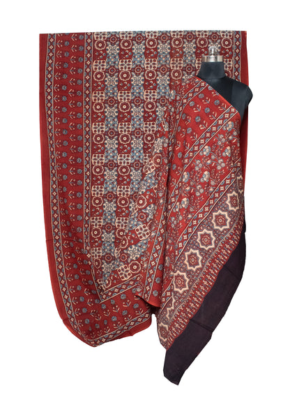 Ajrakh Mul Cotton Natural Dye Hand Block Print Saree  with Ajrakh Blouse Piece  - 6 Mtr Length    -  SKU : ID14C02N