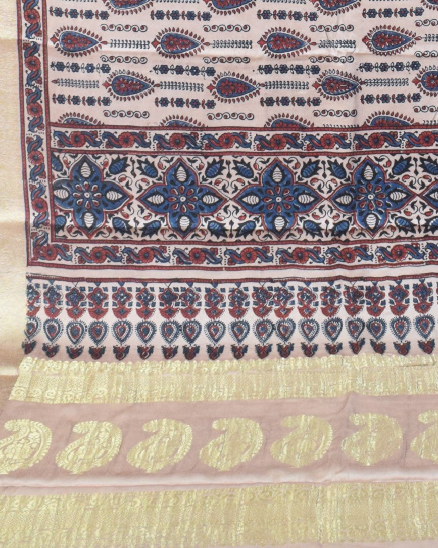 Ajrakh Modal Silk Natural Dye Designer Hand Block Print Saree With Full nakshi Border & Pallu - With Blouse Piece - 5.5 Mtr Length    -  SKU : IA06501A