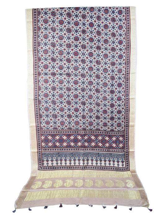 Ajrakh Modal Silk Natural Dye Designer Hand Block Print Saree With Full nakshi Border & Pallu - With Blouse Piece - 5.5 Mtr Length    -  SKU : IA06501B