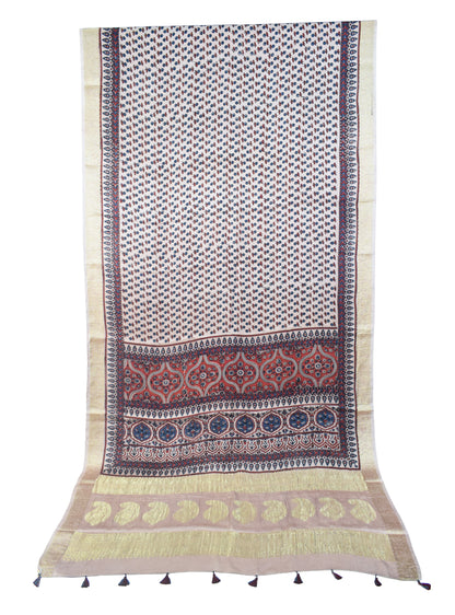 Ajrakh Modal Silk Natural Dye Designer Hand Block Print Saree With Full nakshi Border & Pallu - With Blouse Piece - 5.5 Mtr Length    -  SKU : IA06501G