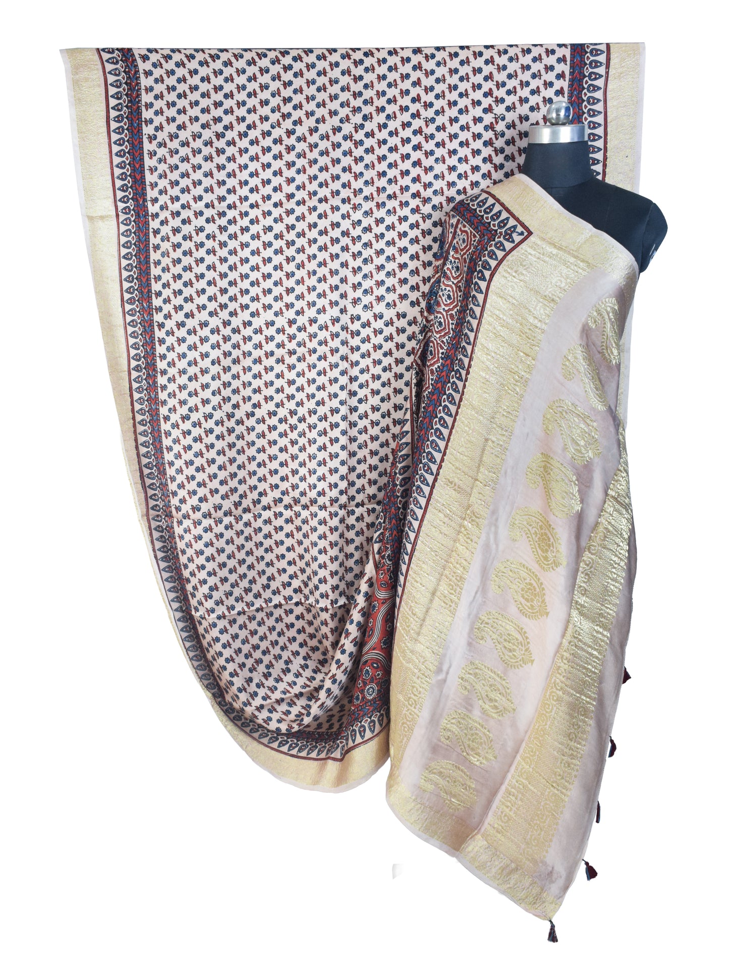 Ajrakh Modal Silk Natural Dye Designer Hand Block Print Saree With Full nakshi Border & Pallu - With Blouse Piece - 5.5 Mtr Length    -  SKU : IA06501G