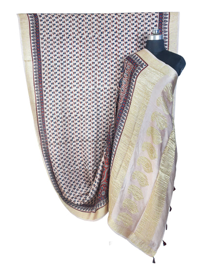 Ajrakh Modal Silk Natural Dye Designer Hand Block Print Saree With Full nakshi Border & Pallu - With Blouse Piece - 5.5 Mtr Length    -  SKU : IA06501G