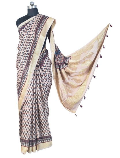 Ajrakh Modal Silk Natural Dye Designer Hand Block Print Saree With Full nakshi Border & Pallu - With Blouse Piece - 5.5 Mtr Length    -  SKU : IA06501G