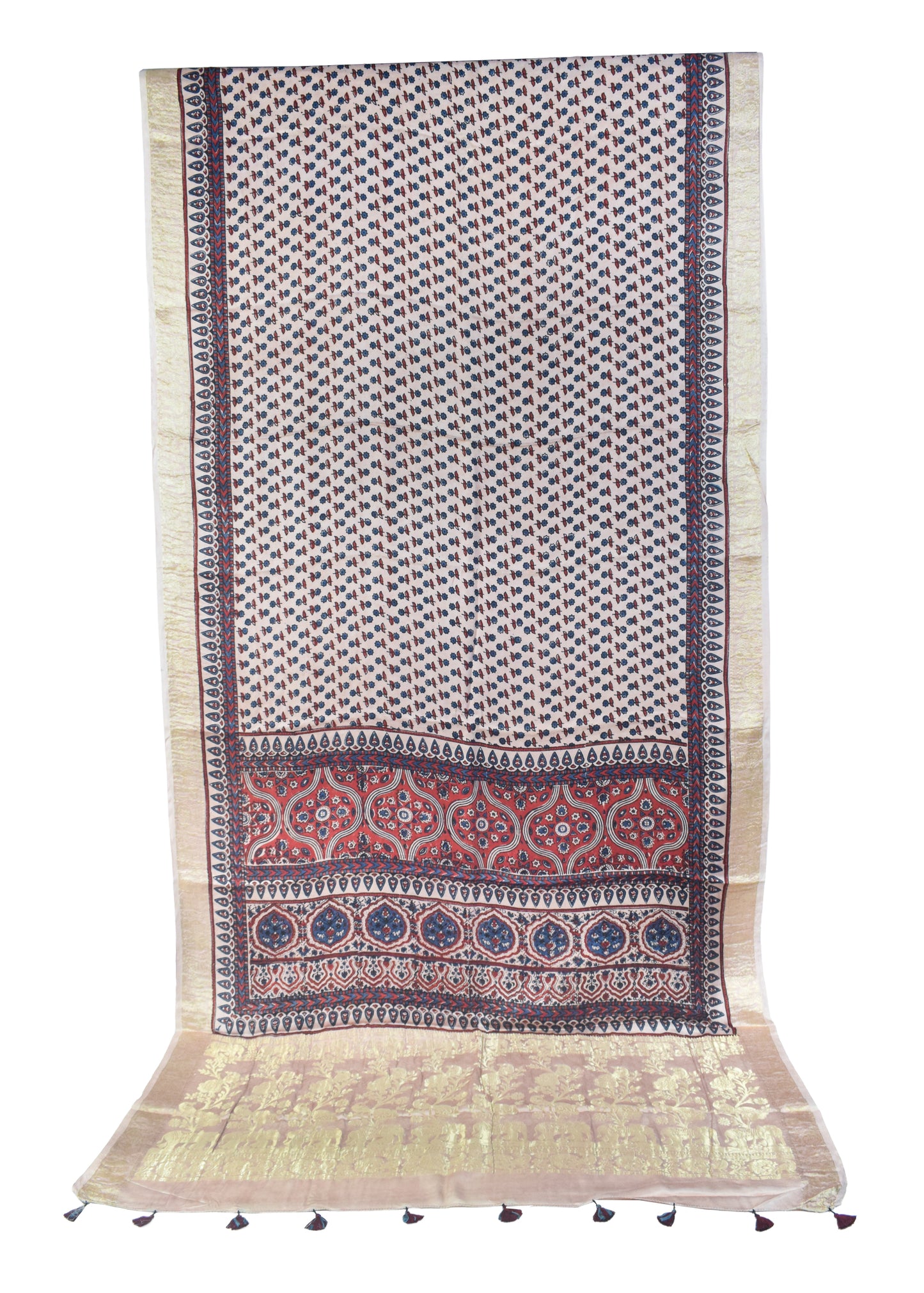 Ajrakh Modal Silk Natural Dye Designer Hand Block Print Saree With Full nakshi Border & Pallu - With Blouse Piece - 5.5 Mtr Length    -  SKU : IA06501H