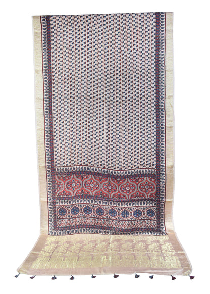 Ajrakh Modal Silk Natural Dye Designer Hand Block Print Saree With Full nakshi Border & Pallu - With Blouse Piece - 5.5 Mtr Length    -  SKU : IA06501H