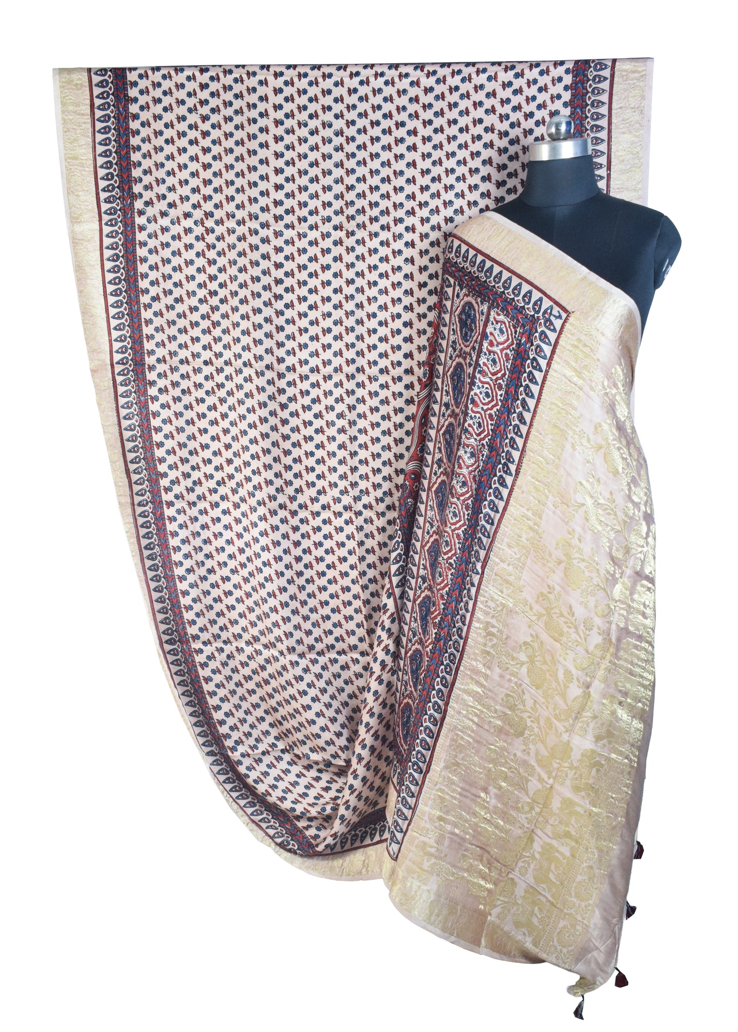 Ajrakh Modal Silk Natural Dye Designer Hand Block Print Saree With Full nakshi Border & Pallu - With Blouse Piece - 5.5 Mtr Length    -  SKU : IA06501H