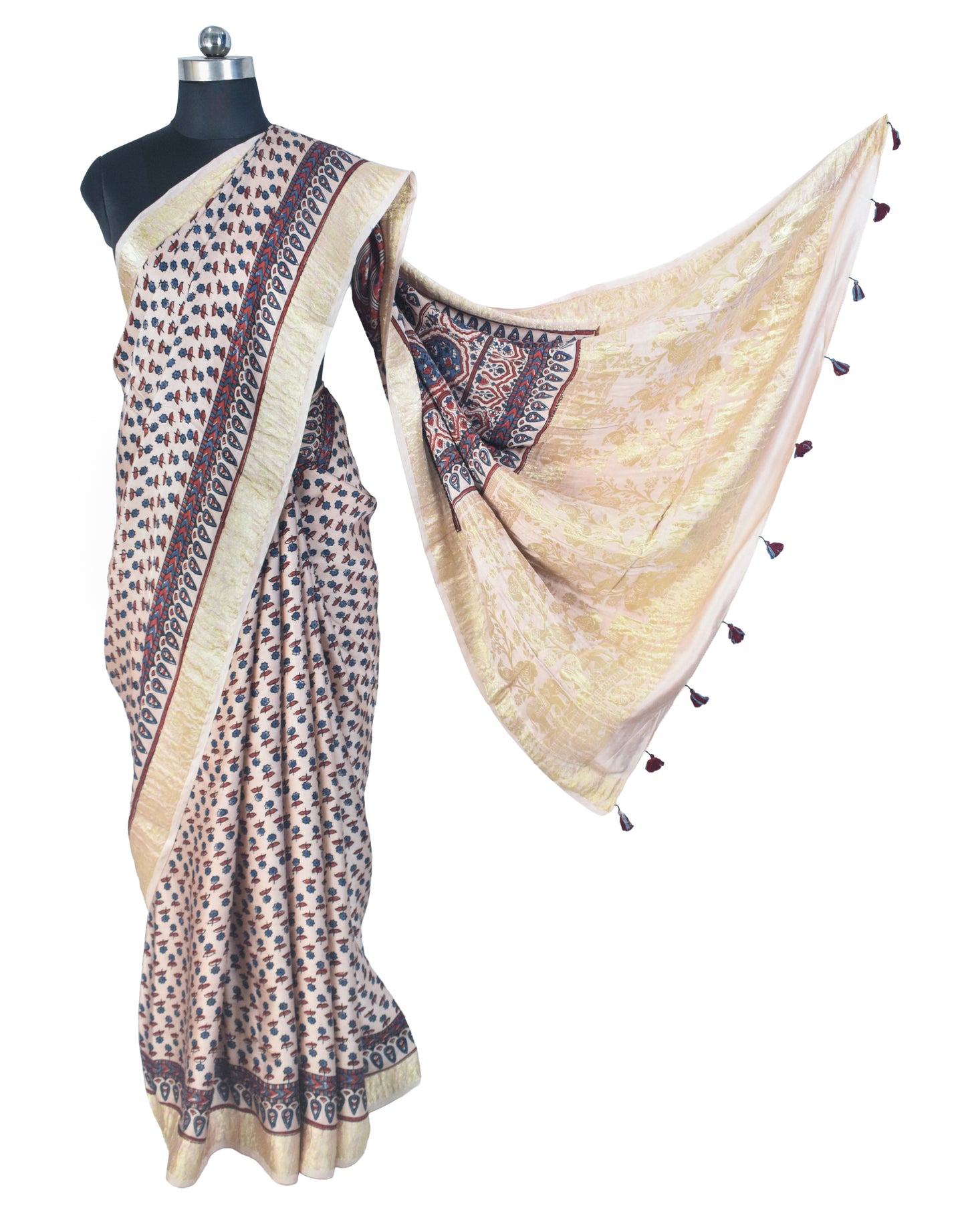 Ajrakh Modal Silk Natural Dye Designer Hand Block Print Saree With Full nakshi Border & Pallu - With Blouse Piece - 5.5 Mtr Length    -  SKU : IA06501H