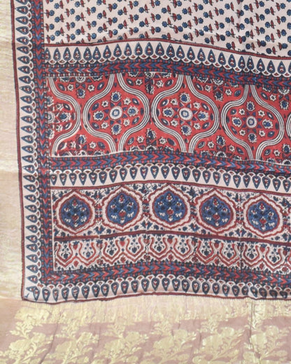 Ajrakh Modal Silk Natural Dye Designer Hand Block Print Saree With Full nakshi Border & Pallu - With Blouse Piece - 5.5 Mtr Length    -  SKU : IA06501H