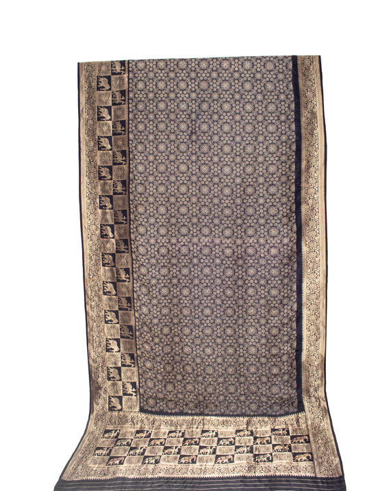 Ajrakh Dola Silk Nepthol Dye With Full Nakshi Border Screen Print Hand Printed Saree With Worked Blouse Piece     -  SKU : KK08301C