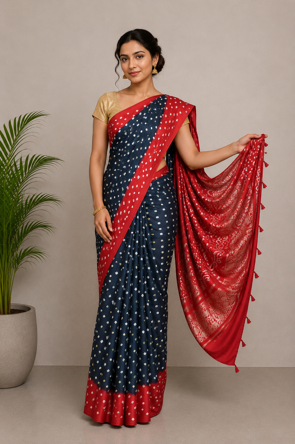 Bandhej [ Tie-Dye] Modal Silk Multi (Bandhej - Tie Dye) Pallu Saree with Golden Border - With Blouse Piece - 5.5 Mtr Length    -  SKU : ZD12A01A