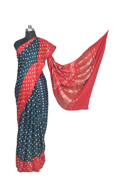 Bandhej [ Tie-Dye] Modal Silk Multi (Bandhej - Tie Dye) Pallu Saree with Golden Border - With Blouse Piece - 5.5 Mtr Length    -  SKU : ZD12A01A