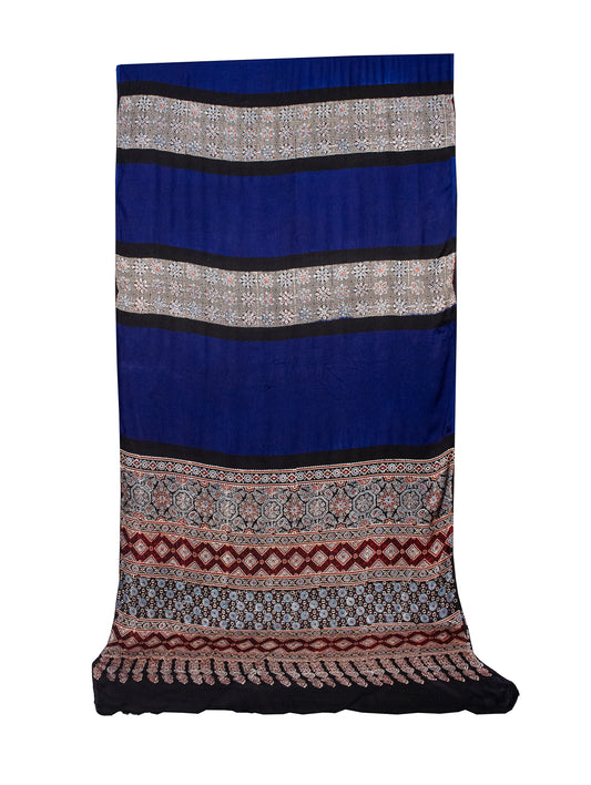 Plain Dyeing Modal Silk Part Natural Dye Half Ajrakh Hand Block Print Saree with Blouse Piece - 5.5 Mtr Length    -  SKU : 0095-BLBK