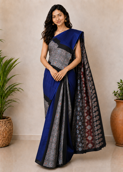 Plain Dyeing Modal Silk Part Natural Dye Half Ajrakh Hand Block Print Saree with Blouse Piece - 5.5 Mtr Length    -  SKU : 0095-BLBK