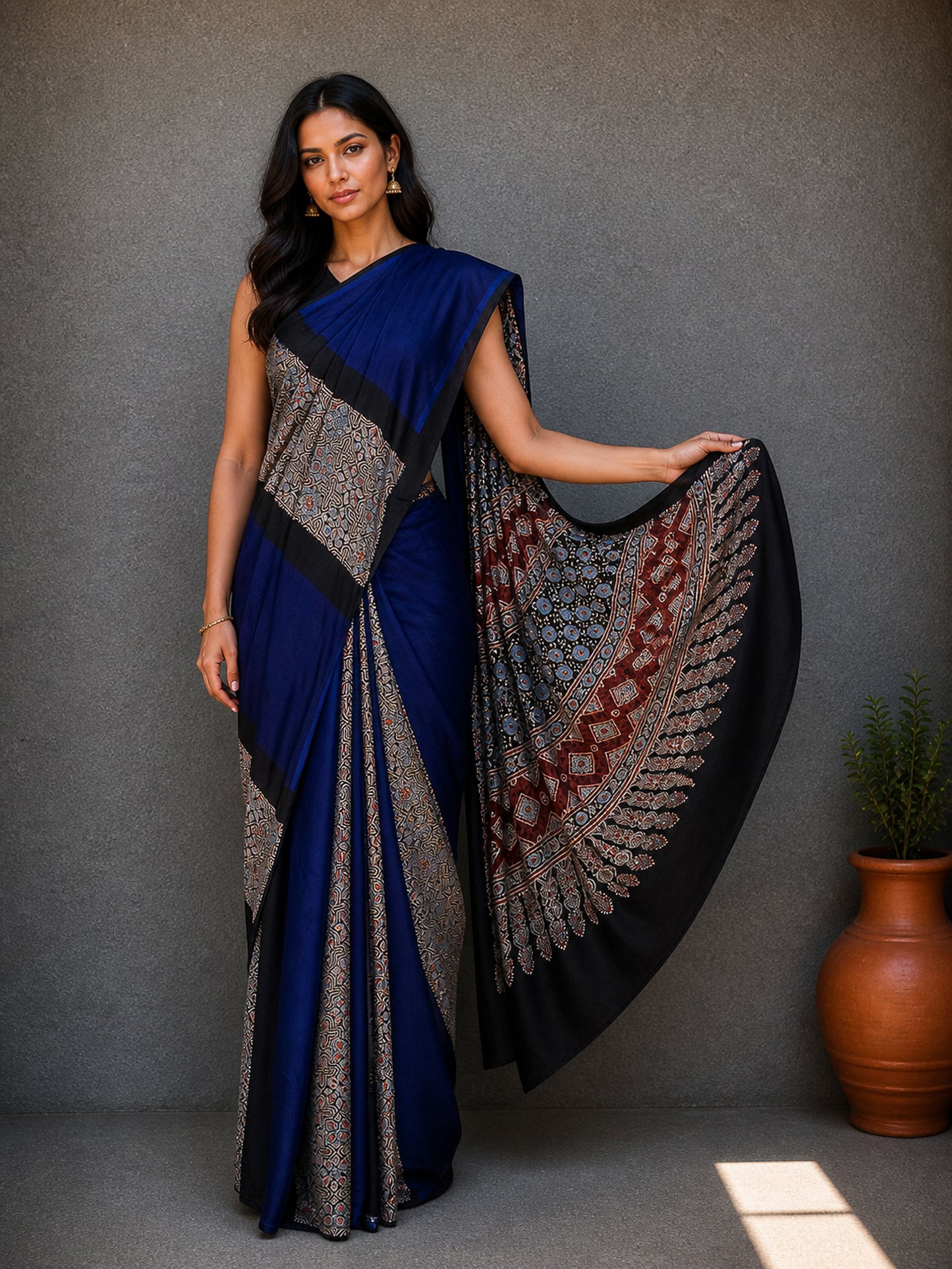 Plain Dyeing Modal Silk Part Natural Dye Half Ajrakh Hand Block Print Saree with Blouse Piece - 5.5 Mtr Length    -  SKU : 0095-BLBK