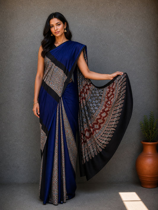 Plain Dyeing Modal Silk Part Natural Dye Half Ajrakh Hand Block Print Saree with Blouse Piece - 5.5 Mtr Length    -  SKU : 0095-BLBK
