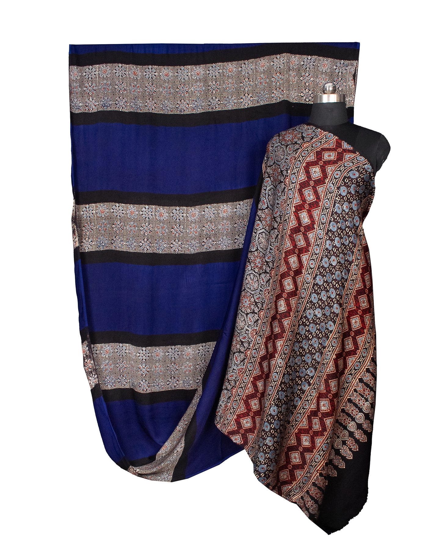 Plain Dyeing Modal Silk Part Natural Dye Half Ajrakh Hand Block Print Saree with Blouse Piece - 5.5 Mtr Length    -  SKU : 0095-BLBK