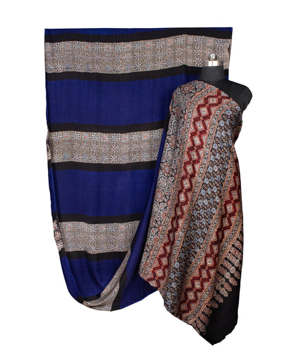 Plain Dyeing Modal Silk Part Natural Dye Half Ajrakh Hand Block Print Saree with Blouse Piece - 5.5 Mtr Length    -  SKU : 0095-BLBK