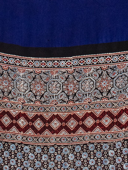 Plain Dyeing Modal Silk Part Natural Dye Half Ajrakh Hand Block Print Saree with Blouse Piece - 5.5 Mtr Length    -  SKU : 0095-BLBK