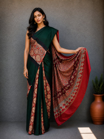 Plain Dyeing Modal Silk Part Natural Dye Half Ajrakh Hand Block Print Saree with Blouse Piece     -  SKU : 0095
