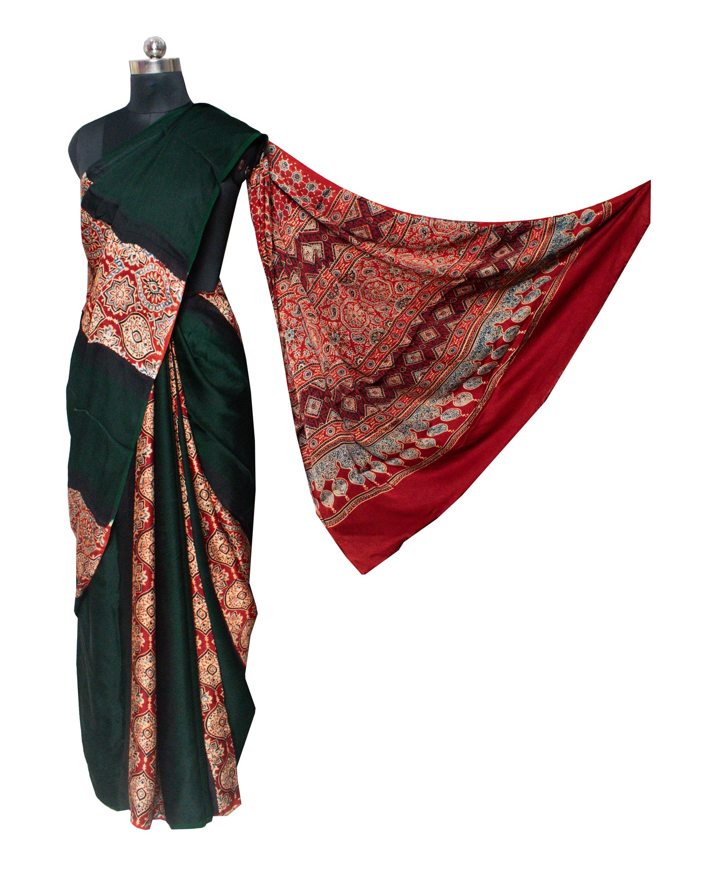 Plain Dyeing Modal Silk Part Natural Dye Half Ajrakh Hand Block Print Saree with Blouse Piece     -  SKU : 0095