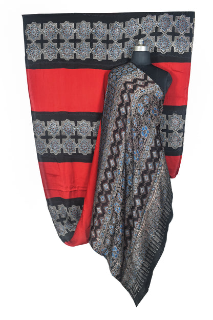 Plain Dyeing Modal Silk Part Natural Dye Half Ajrakh Hand Block Print Saree with Blouse Piece - 5.5 Mtr Length   -  SKU : 0095-MRBK