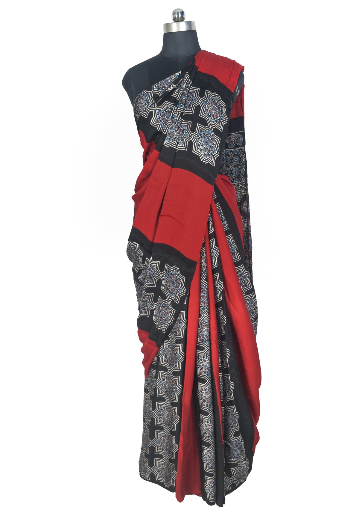 Plain Dyeing Modal Silk Part Natural Dye Half Ajrakh Hand Block Print Saree with Blouse Piece - 5.5 Mtr Length   -  SKU : 0095-MRBK