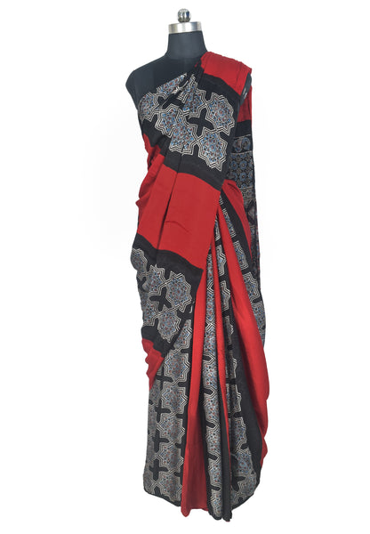 Plain Dyeing Modal Silk Part Natural Dye Half Ajrakh Hand Block Print Saree with Blouse Piece - 5.5 Mtr Length   -  SKU : 0095-MRBK
