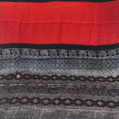 Plain Dyeing Modal Silk Part Natural Dye Half Ajrakh Hand Block Print Saree with Blouse Piece - 5.5 Mtr Length   -  SKU : 0095-MRBK