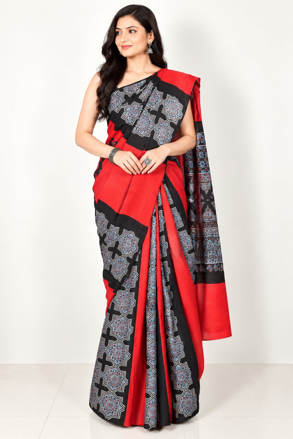 Plain Dyeing Modal Silk Part Natural Dye Half Ajrakh Hand Block Print Saree with Blouse Piece - 5.5 Mtr Length   -  SKU : 0095-MRBK
