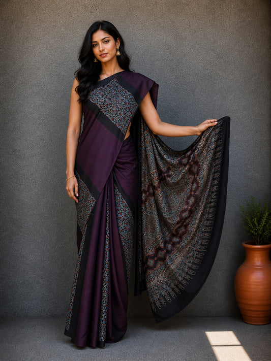 Plain Dyeing Modal Silk Part Natural Dye Half Ajrakh Hand Block Print Saree with Blouse Piece - 6 Mtr Length    -  SKU : 0095-PDBK