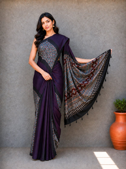 Plain Dyeing Modal Silk Part Natural Dye Half Ajrakh Hand Block Print Saree with Blouse Piece     -  SKU : 0095
