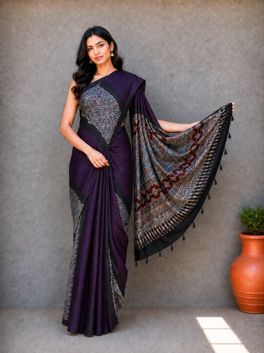 Plain Dyeing Modal Silk Part Natural Dye Half Ajrakh Hand Block Print Saree with Blouse Piece     -  SKU : 0095