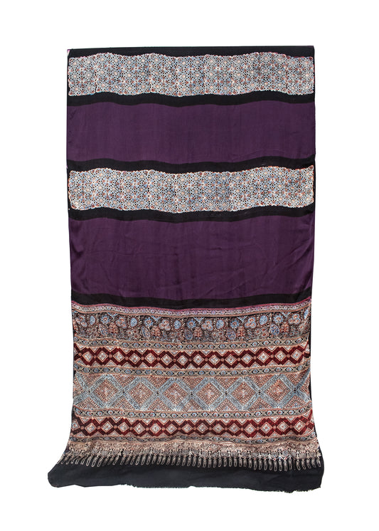 Plain Dyeing Modal Silk Part Natural Dye Half Ajrakh Hand Block Print Saree with Blouse Piece     -  SKU : 0095