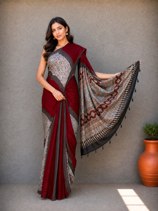 Plain Dyeing Modal Silk Part Natural Dye Half Ajrakh Hand Block Print Saree with Blouse Piece     -  SKU : 0095