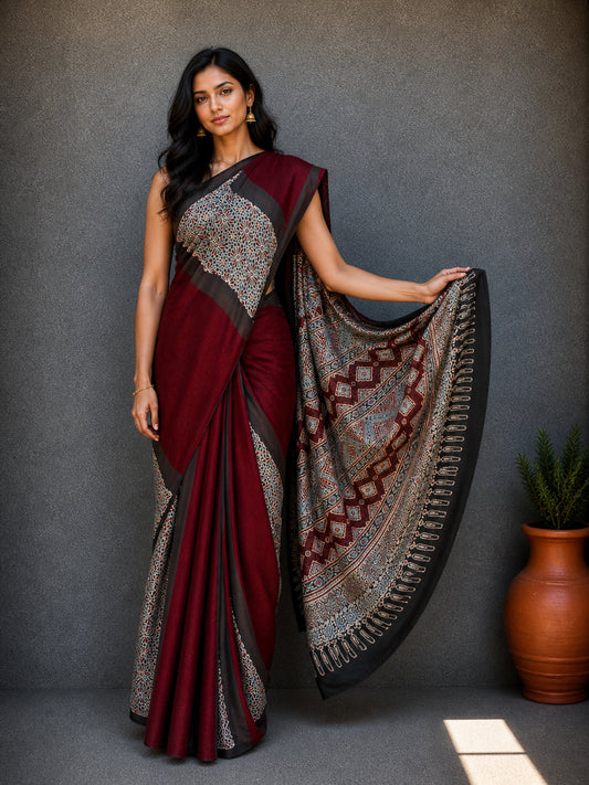 Plain Dyeing Modal Silk Part Natural Dye Half Ajrakh Hand Block Print Saree with Blouse Piece     -  SKU : 0095